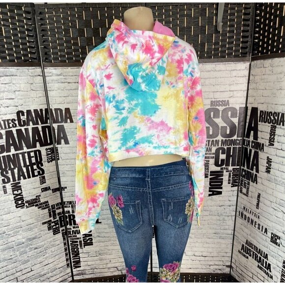Camille Kostek XXL Sherbert Tie-Dye Drawstring Cotton Long Sleeve Crop Hoodie - Picture 3 of 5